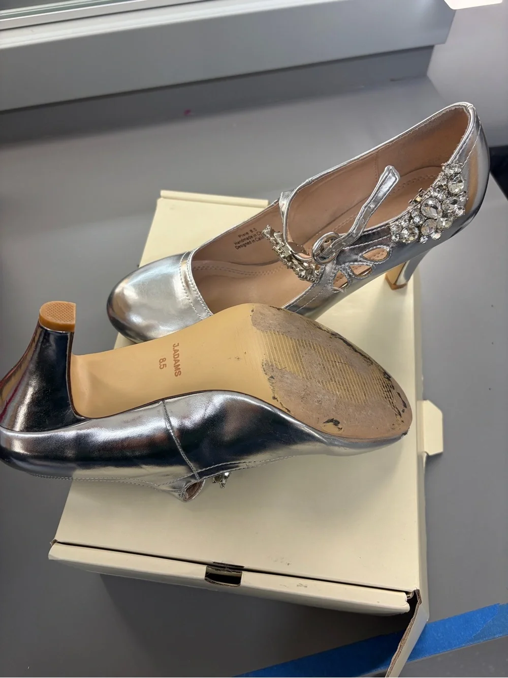 Silver Embellished Mary Jane Heels - Women's Dress Shoes